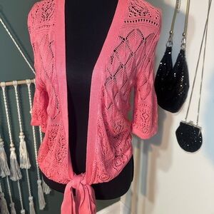 💕NY&C Pink Crochet Open Weave Sweater Top Wrap Tie Size Small